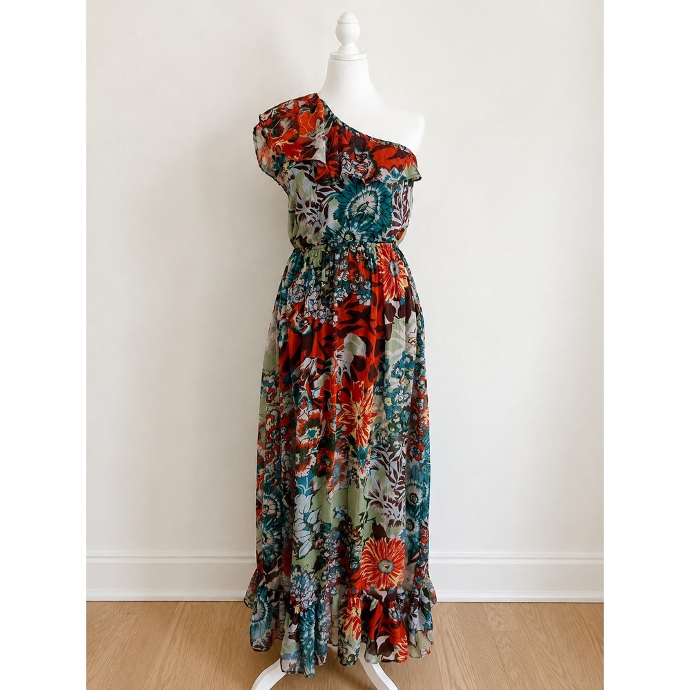American Rag One Shoulder Maxi Dress Floral Paisley Print XS Ruffle Boho Hippy